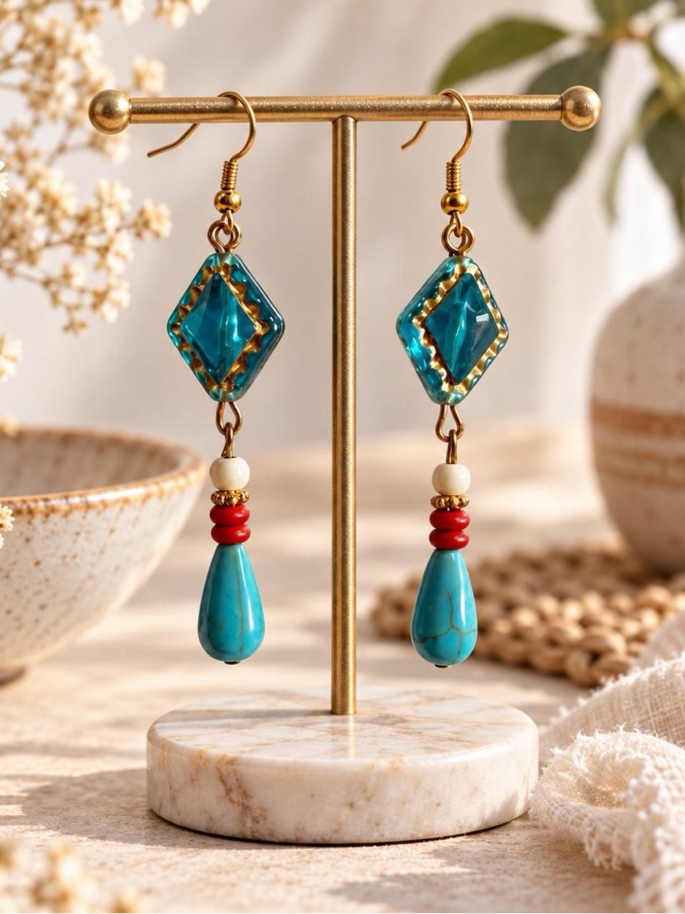 Handmade Teal Turquoise Red Dangle Earrings Gold